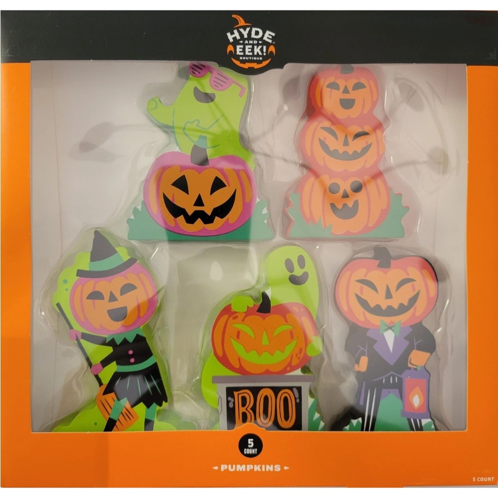 2024 Hyde & Eek Flat 5 Pc Mini Mantle Wood Decor Halloween Tabletop Pumpkin Neon